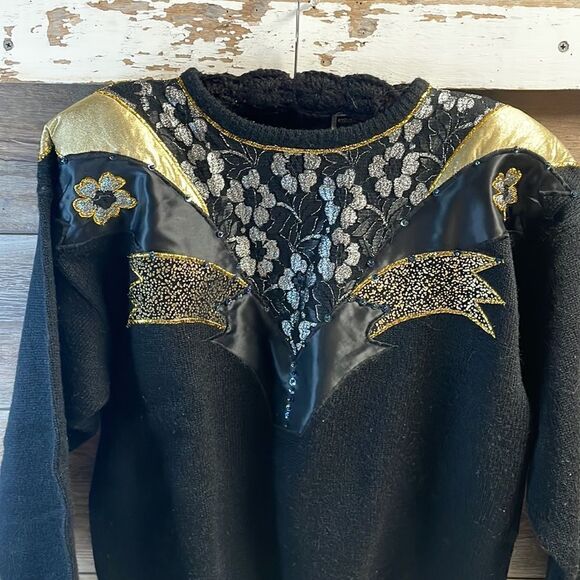 Anytime Glitz Ladies Black Sweater, Black with gold and Silver Glitz, Size L - Picture 2 of 5